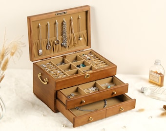 Custom Wooden Jewelry Box, Large Locking Jewelry Organizer Storage, Jewellery Box Organizer, Jewellery Box with Drawer, Women Jewellery Box