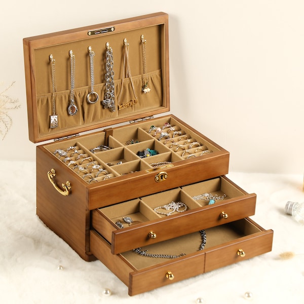 Custom Wooden Jewelry Box, Large Locking Jewelry Organizer Storage, Jewellery Box Organizer, Jewellery Box with Drawer, Women Jewellery Box