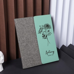Portfolio personnalisé fleurs du mois avec emplacement pour carte, portfolio en cuir personnalisé, portfolio rechargeable, cadeau de bureau, carnet de notes personnalisé