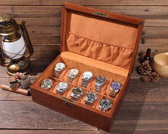 Personalised Wood Watch Box for Men, Personalized Storage Box with 10 Slots for Watches - Organizer Box, Wooden Watch Box, Father's Gift