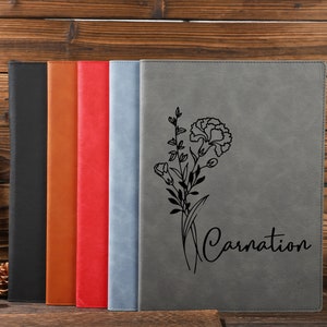 Portafolio con flores de cumpleaños, Portafolio de cuero con portapapeles, Portafolio grabado personalizado, Organizador de negocios A4 personalizado, Regalo para padre