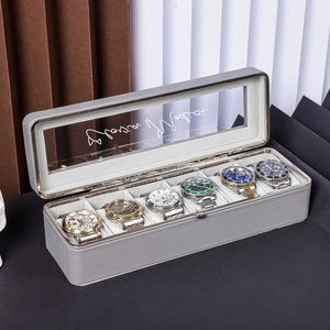 Scatola porta orologi in pelle personalizzata, regalo personalizzato, custodia per orologi, organizer per orologi, custodia per orologi a 6 scomparti, scatola porta orologi con coperchio in vetro