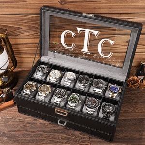 Personalised Black PU Leather Watch Box for Men, Watch Case, Watch Organizer, Double Layer Watch Case, Father's gift, Best Man Gift