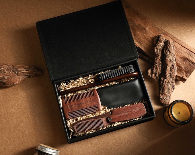 Personalized Wood Beard Comb Set, Engraved Beard Comb, Beard Care Set, Men's Shaving Gift Box, Gift for Husband, Gift for Bearded Men