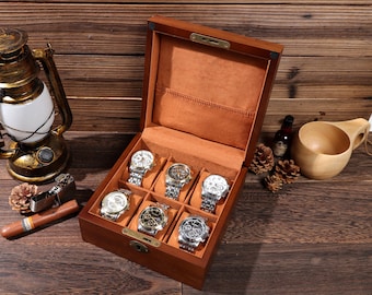 Personalized Storage Box with 6 Slots for Watches - Organizer Box, Personalised Wood Watch Box for Men, Wooden Watch Box, Father's Gift