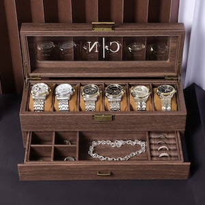 Gepersonaliseerde lederen horlogekast met lade voor ringen en snuisterijen, horlogedoos voor heren, horloge-organizer, vadercadeau, cadeau bruidegom