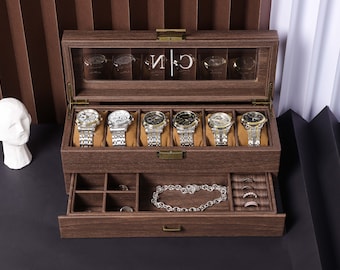 Personalized Leather Watch Case with drawer for rings and trinkets, Watch Box For Men, Watch Organizer, Father&#39;s Gift, Groom&#39;s Gift