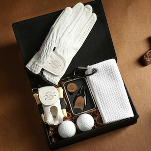 Coffret cadeau de golf personnalisé, Coffret cadeau pour golfeur, Balles de golf, Étiquette de sac de golf avec tees de golf, Ensemble de marqueurs de balles d'outils de pelouse, Cadeaux de golf pour homme