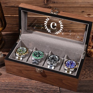 Gepersonaliseerde horloge-organizer, gepersonaliseerd cadeau bruidegom, leren horlogedoos voor mannen, horlogekast, horlogekast met 4 sleuven, cadeau vader