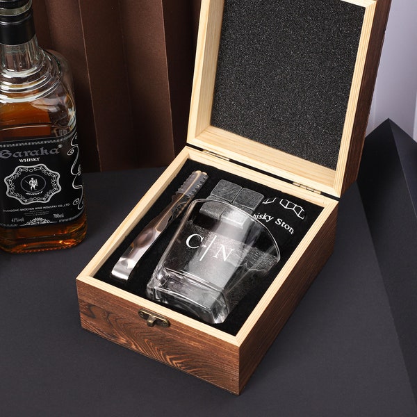 Ensemble de verres à whisky personnalisés avec boîte en bois, cadeau pour la fête des pères, coffret cadeau de whisky personnalisé avec des pierres de refroidissement pour lui, cadeau d'hommage