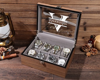 Scatola porta orologi a 8 scomparti, scatola porta orologi in pelle personalizzata per uomo, regalo personalizzato per lo sposo, custodia per orologi, organizer per orologi, regalo per il papà