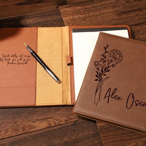 Personalized Birthday Flower Leather Padfolio, Refillable leather journal, Leather binder cover, Custom Corporate Gift, Birthday Gift