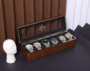 Brown Personalised Leather Watch Box for Men, Personalized Groom&#39;s Gift, Watch Case, Watch Organizer, 6 Slot Watch Case, Father&#39;s Gift