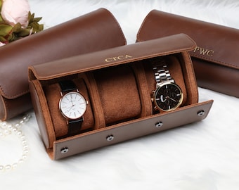 Personalised Leather Watch Case, Travel Watch Box, Watch Gifts for Dads, Groom Gift, Luxury Leather Watch Case Roll for Watches