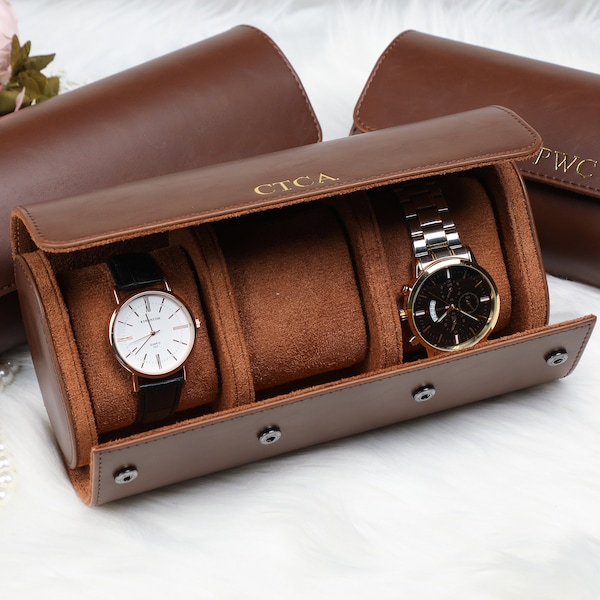 Personalisierte Leder-Uhrenhülle, Reise-Uhrenbox, Uhrengeschenke für Väter, Bräutigam-Geschenk, luxuriöse Leder-Uhrenhüllenrolle für Uhren