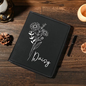 Padfolio de cuero de flor de cumpleaños personalizado, diario de cuero recargable, cubierta de carpeta de cuero, cartera de cremallera personalizada, regalo de cumpleaños