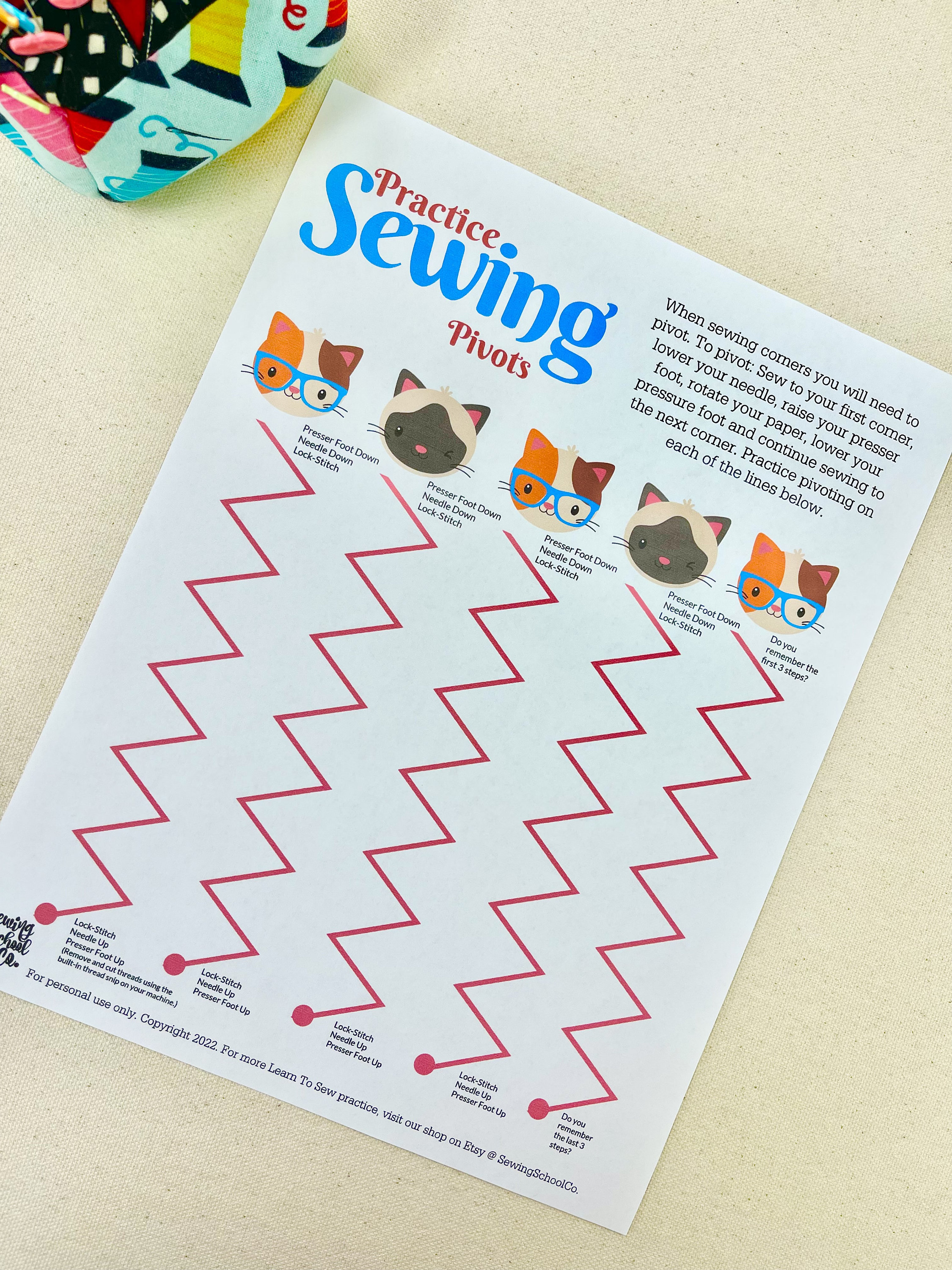 Beginner Sewing Practice Worksheet I Pivots I Kitten Theme I Sewing ...
