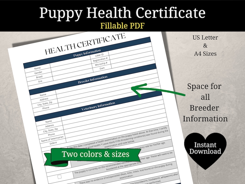 Printable Puppy Health Certificate | Editable PDF | Veterinarian Health Certificate | Puppy ...
