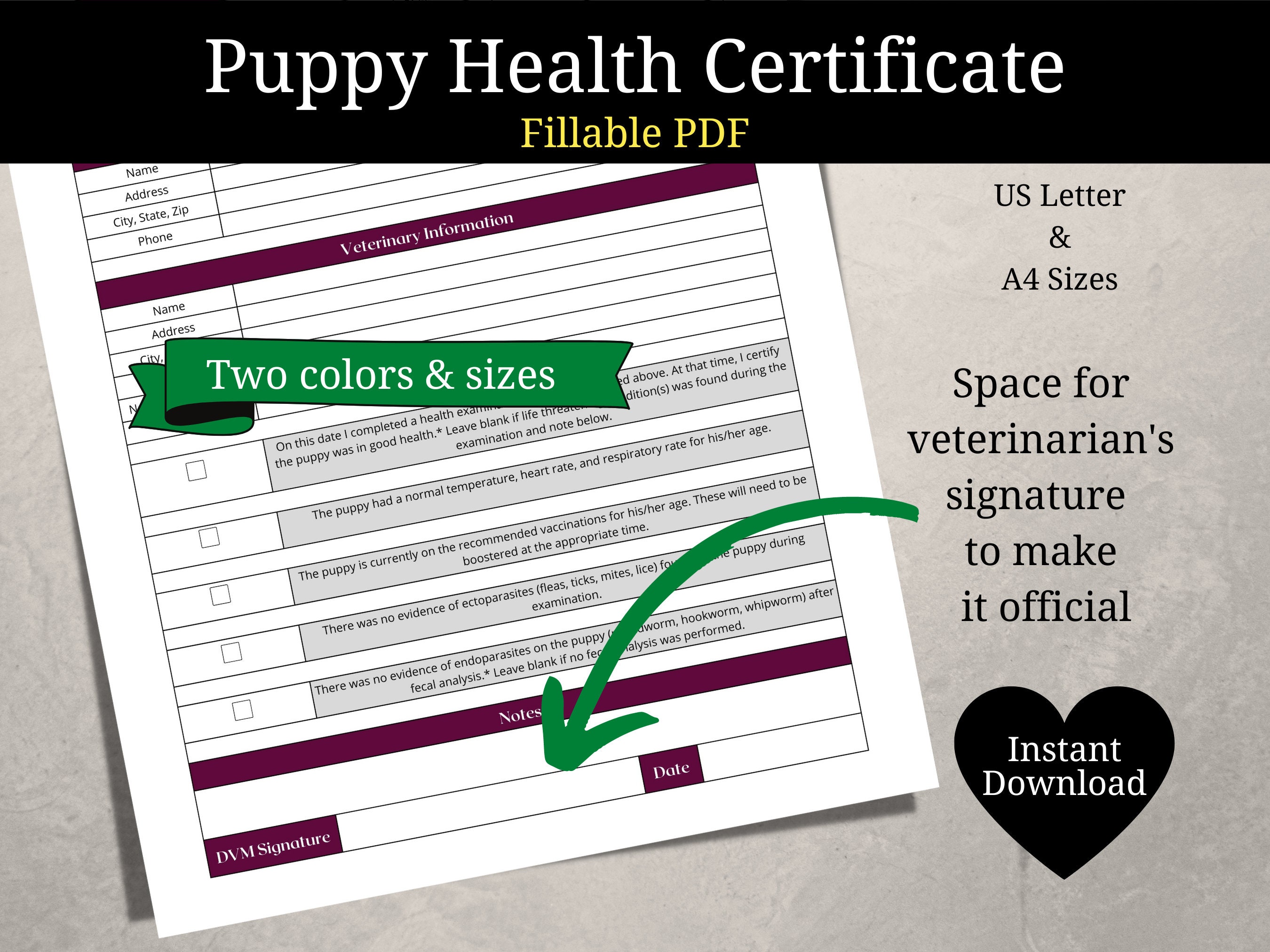 Printable Puppy Health Certificate | Editable PDF | Veterinarian Health Certificate | Puppy ...