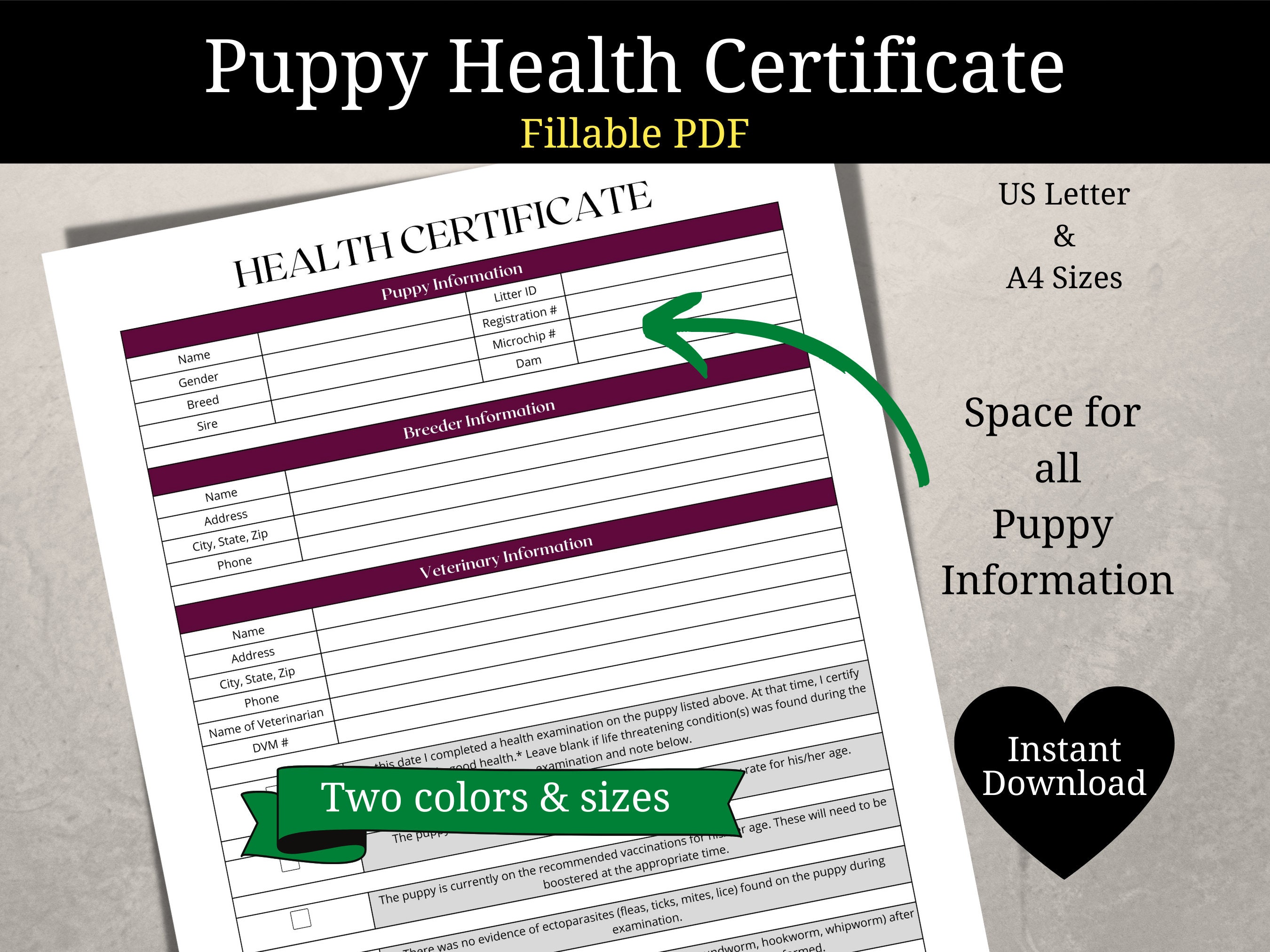 Printable Puppy Health Certificate | Editable PDF | Veterinarian Health Certificate | Puppy ...