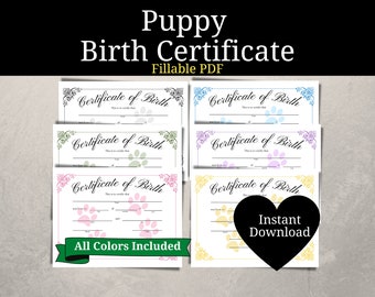 Puppy Birth Certificate, Dog Birth Certificate, Multiple Colors, Pawprint, Printable, Fillable PDF, Digital Download