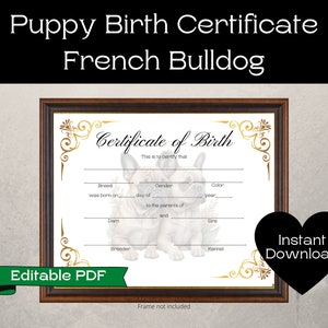 Geboorteakte puppy Franse Bulldog | Afdrukbaar en bewerkbaar | Nieuw puppycadeau | Hondenfokkersgegevens