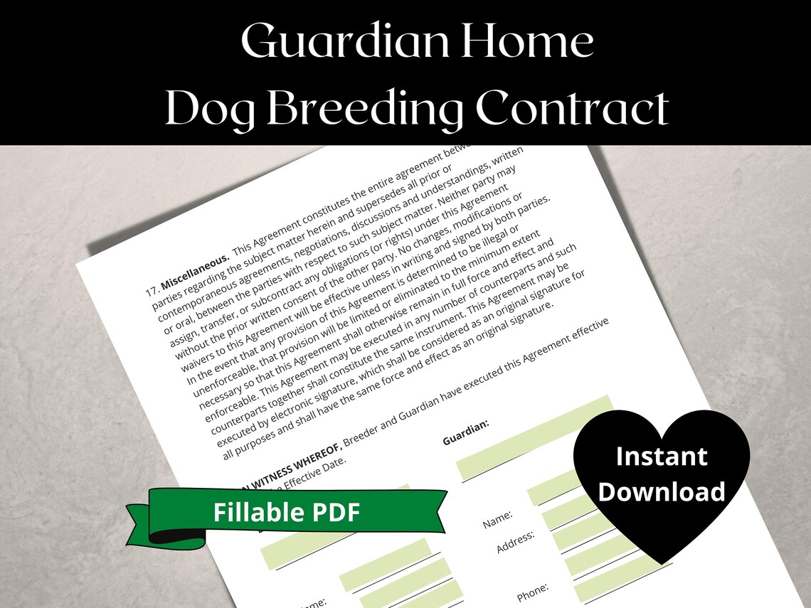 Guardian Home Dog Breeding Contract Fillable PDF Instant Download Etsy
