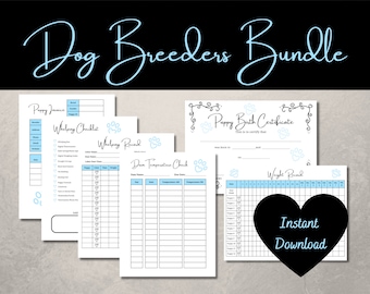 Könnte beinhalten: Ein druckbares Hundezucht-Paket mit Formularen für Welpen Janice, Wurf-Checkliste, Wurf-Aufzeichnung, Muttertier-Temperaturkontrolle, Gewichtsaufzeichnung und einer Welpen-Geburtsurkunde. Die Formulare sind in Schwarzweiß mit Pfotenabdrücken und Herzen.