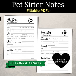 Pet Sitter Notes, Pet Sitter Instructions, Pet Sitter Forms, Pet Sitter Planner, Pet Care Instructions, Fillable PDF, US Letter & A4 Sizes