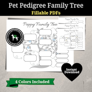 Welpen Stammbaum Stammbaum Diagramm, Züchter Hund Stammbaum Vorlage, Welpen Stammbaum druckbare, ausfüllbare PDF, mehrere Farben