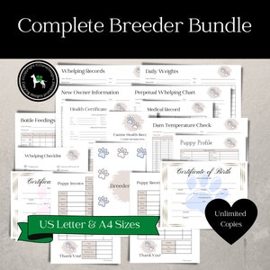 May include: A set of printable forms for dog breeders, including whelping records, daily weights, health certificates, bottle feedings, puppy invoices, and a certificate of birth. The forms are designed in a light brown and blue color scheme with paw prints and a heart.