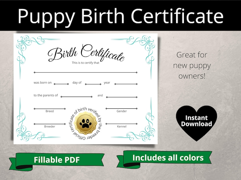 Printable Puppy Birth Certificate Dog Birth Certificate Editable
