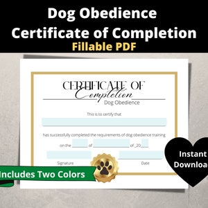 Dog Obedience Certificate of Completion, Fillable PDF, Printable ...