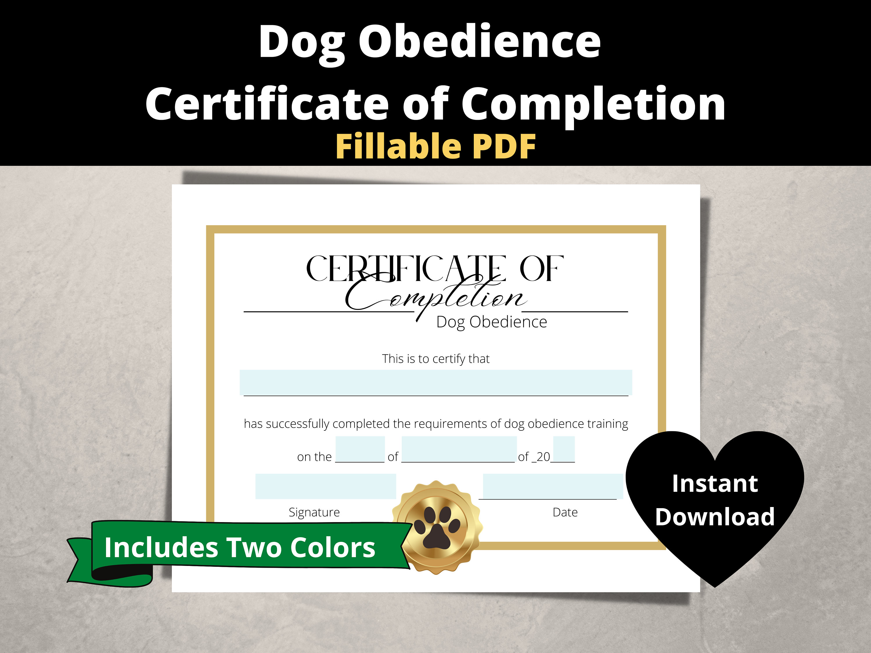 Dog Obedience Certificate of Completion, Fillable PDF, Printable ...