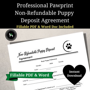 Dog Breeder Contract, Non-Refundable Deposit Agreement, Puppy Reservation Deposit Receipt, Fillable PDF and Word Document, Instant Download