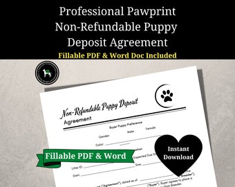 Dog Breeder Contract, Non-Refundable Deposit Agreement, Puppy Reservation Deposit Receipt, Fillable PDF and Word Document, Instant Download