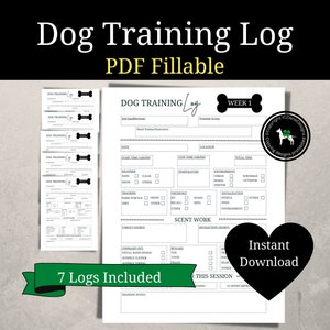 Puede incluir: Un registro de entrenamiento de perros imprimible en blanco y negro con el texto "Dog Training Log" y "Week 1" en un cuadro blanco. El registro incluye secciones para la fecha, la hora de inicio, la ubicación, el clima, la temperatura, el entorno, la obediencia, el trabajo de olfato, los comandos y las notas de entrenamiento. El texto "7 Logs Included" está en una pancarta verde en la parte inferior de la página.