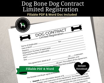 Dog Breeder Limited Registration Contract and Health Guarantee, Dog Breeding Contract, Fillable PDF & Word Document, Dog Bone Design