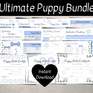 May include: A printable bundle of puppy-themed planner pages and certificates. The pages are in blue and white with paw prints and bone designs. The bundle includes a daily agenda, weekly agenda, monthly planner, puppy notes, dog walking tracker, puppy potty tracker, grooming tracker, pet expense tracker, medication tracking, and socialization checklist. The bundle also includes three puppy birth certificates.