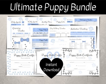 May include: A printable bundle of puppy-themed planner pages and certificates. The pages are in blue and white with paw prints and bone designs. The bundle includes a daily agenda, weekly agenda, monthly planner, puppy notes, dog walking tracker, puppy potty tracker, grooming tracker, pet expense tracker, medication tracking, and socialization checklist. The bundle also includes three puppy birth certificates.