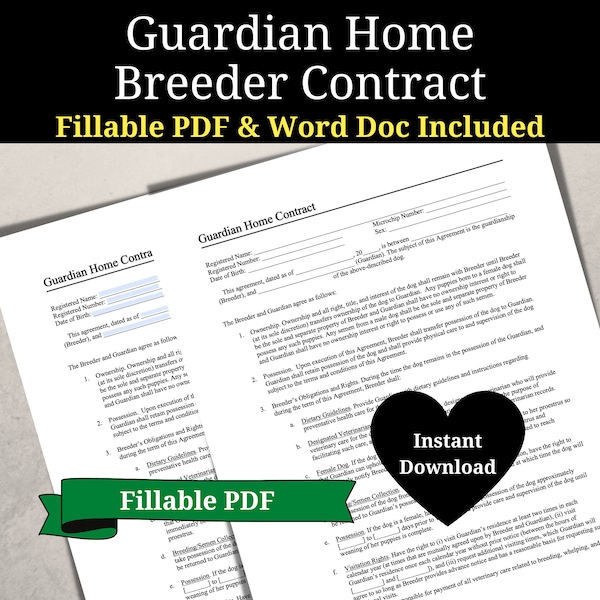 Guardian Home Breeder Contract, Dog Breeding Contract, Dog Breeder Agreement, Fillable PDF & Word Document, Homes for Future Studs and Dams