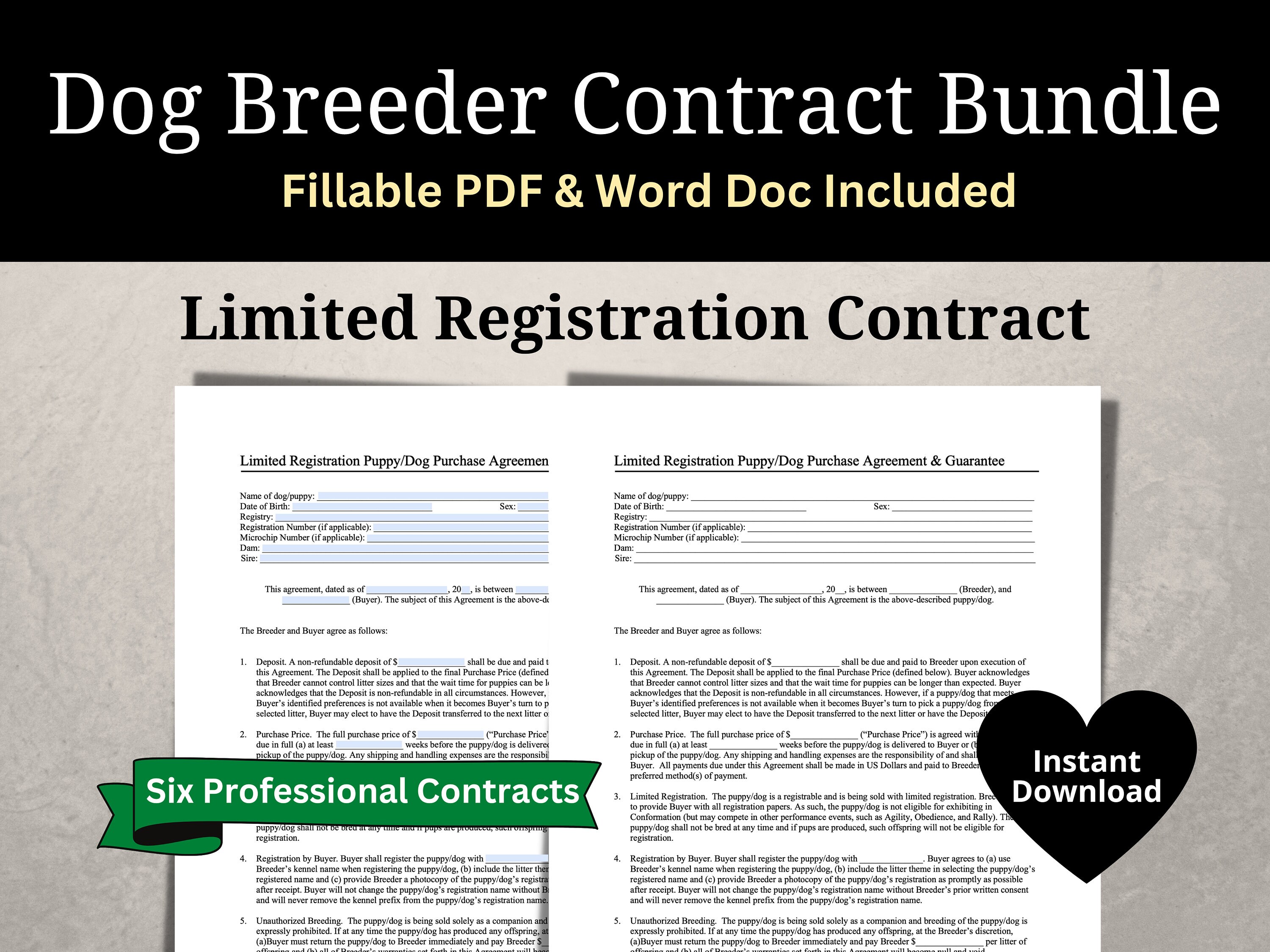 Dog Owner Breeding Contract Bundle, Full Registration, Limited