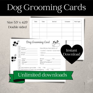 Cartes de toilettage pour chien, Cartes de toilettage pour animaux de compagnie, Formulaires de toilettage pour chien, Cartes de visite de toilettage pour chien, Cartes client pour toiletteur de chien, Cartes de service pour chien