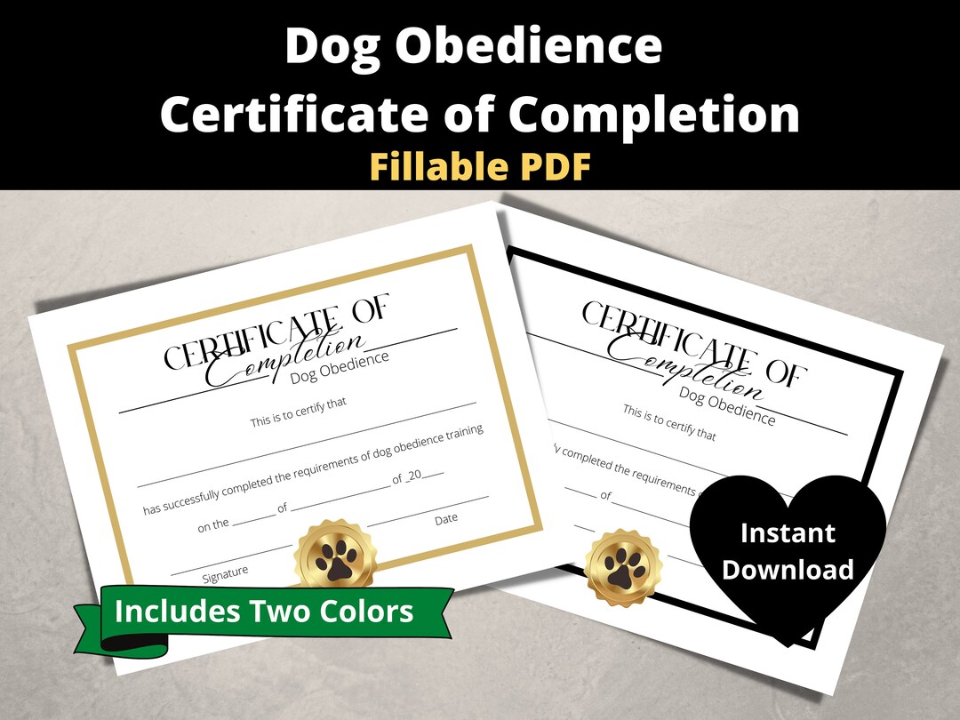 Dog Obedience Certificate of Completion, Fillable PDF, Printable ...