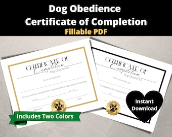 Dog Obedience Certificate of Completion, Fillable PDF, Printable, Instant Download