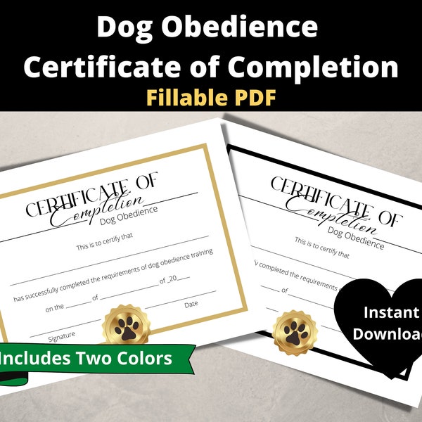 Dog Obedience Certificate of Completion, Fillable PDF, Printable, Instant Download