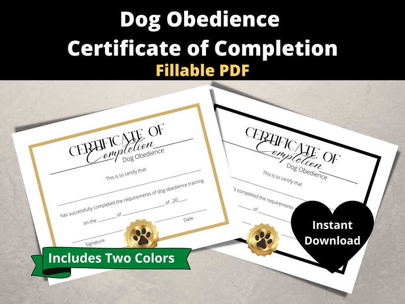 Dog Obedience Certificate of Completion, Fillable PDF, Printable ...