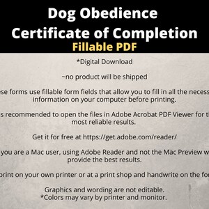Dog Obedience Certificate of Completion, Fillable PDF, Printable ...