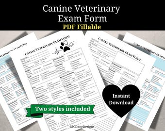 Canine Veterinary Health Exam Form, Dog Health Form, Vet Exam Form, For Veterinarians, Owners, or Breeders