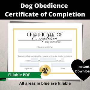 Dog Obedience Certificate of Completion Fillable PDF - Etsy